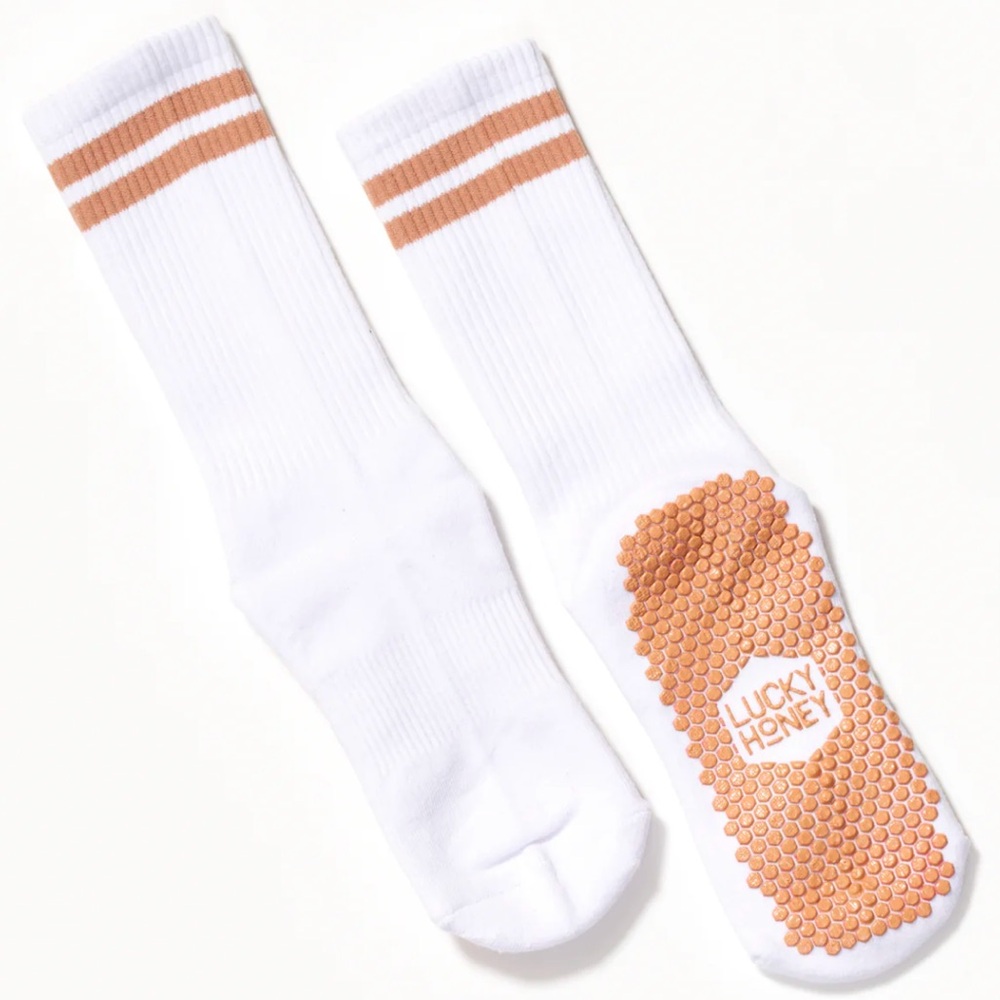 Lucky Honey The Dad Sock Tan Stripes one size fits all grip sock - Picture 2 of 7